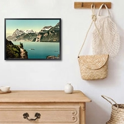 «Швейцария. Озеро Фирвальдштеттер в подножия гор» в интерьере в стиле ретро над комодом