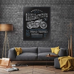 «Ретро плакат. Мотоциклы» в интерьере в стиле лофт над диваном