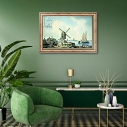 «A Shore Scene with Windmills and Shipping» в интерьере гостиной в зеленых тонах