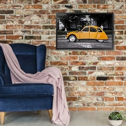 «Оранжевый старинный автомобиль на серой улице» в интерьере в стиле лофт с кирпичной стеной и синим креслом