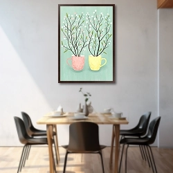 «Иллюстрация с весенними цветущими деревьями и чашками» в интерьере 