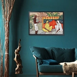 «Garland Making, 1986» в интерьере зеленой гостиной в этническом стиле над диваном