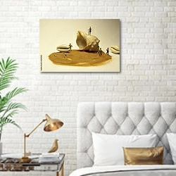 «Крошечный пляж» в интерьере современной спальни в белом цвете с золотыми деталями