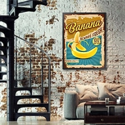 «Ретро плакат с бананом» в интерьере двухярусной гостиной в стиле лофт с кирпичной стеной