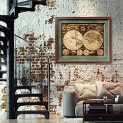 «Древняя карта Мира в полушариях» в интерьере двухярусной гостиной в стиле лофт с кирпичной стеной