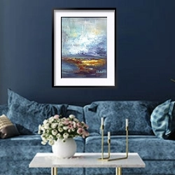 «Сolour energy. Golden  sunset» в интерьере современной гостиной в синем цвете