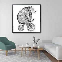 «Медведь на велосипеде» в интерьере гостиной в скандинавском стиле с зеленым креслом