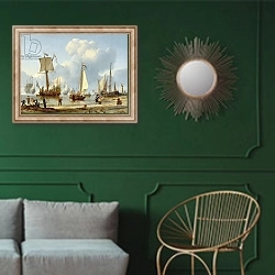 «Ships in Calm Water with Figures by the Shore» в интерьере классической гостиной с зеленой стеной над диваном