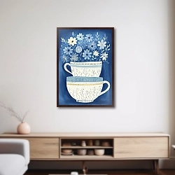«Иллюстрация с чашками и цветами на синем фоне» в интерьере 