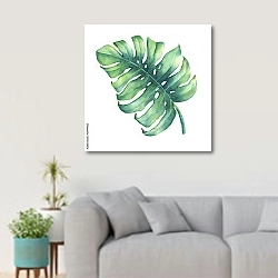 «Большой тропический зеленый лист растения Монстера» в интерьере светлой гостиной в скандинавском стиле