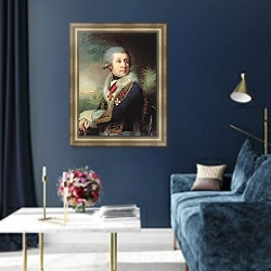 «Портрет генерал-майора Федора Артемьевича Боровского. 1799» в интерьере классической гостиной с зеленой стеной над диваном