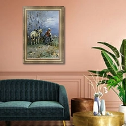 «Запорожец на посту» в интерьере классической гостиной с зеленой стеной над диваном