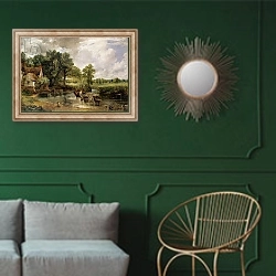 «The Hay Wain, 1821» в интерьере классической гостиной с зеленой стеной над диваном