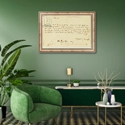 «Letter from Mozart to a freemason, January 1786» в интерьере гостиной в зеленых тонах