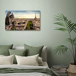 «Франция, Париж. Вид с собора» в интерьере современной спальни в зеленых тонах