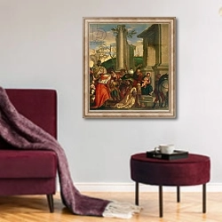«Adoration of the Kings 2» в интерьере гостиной в бордовых тонах