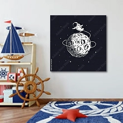 «Космонавт, летящий вокруг Луны» в интерьере детской комнаты для мальчика в морской тематике