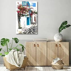 «Греция. Остров Миконос. Улица» в интерьере современной комнаты над комодом