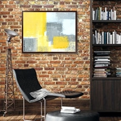 «Жёлтые и серые квадраты» в интерьере кабинета в стиле лофт с кирпичными стенами