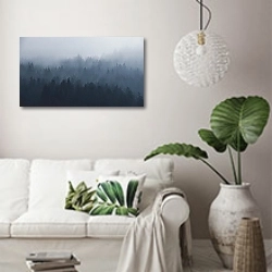 «Голубой туманный лес» в интерьере светлой гостиной в скандинавском стиле над диваном