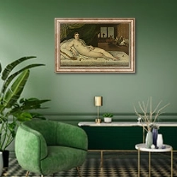 «Reclining Venus, c.1540-60» в интерьере гостиной в зеленых тонах