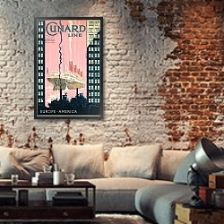 «Poster advertising travel from Europe to America with shipping company Cunard Line, c. 1925» в интерьере гостиной в стиле лофт с кирпичной стеной