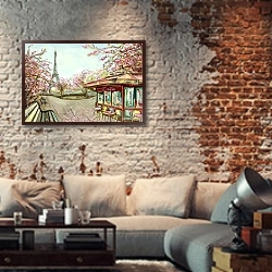 «Парк в Париже, скетч» в интерьере гостиной в стиле лофт с кирпичной стеной