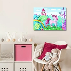 «Единорог и розовый закок» в интерьере детской комнаты для девочки с розовыми деталями