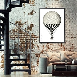 «Винтажный воздушный шар» в интерьере двухярусной гостиной в стиле лофт с кирпичной стеной