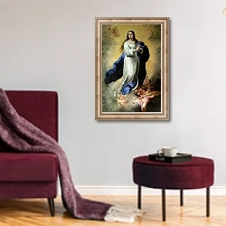«The Immaculate Conception, 1660-65» в интерьере гостиной в бордовых тонах