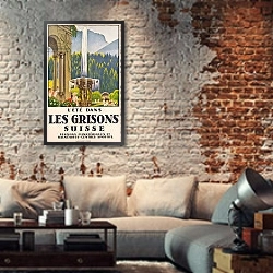 «Summer in les Grissons, Switzerland, 1923» в интерьере гостиной в стиле лофт с кирпичной стеной