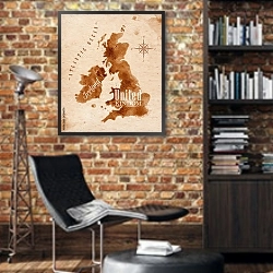 «Карта Англии» в интерьере кабинета в стиле лофт с кирпичными стенами