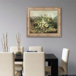 «Букет цветов на фоне горного пейзажа» в интерьере кухни над кофейным столиком