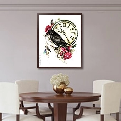 «Иллюстрация с вороной, красными розами, часами, ключами и перьями» в интерьере столовой в классическом стиле