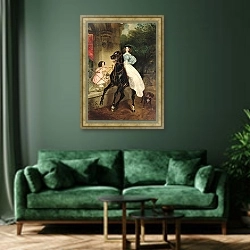 «The Horsewoman, Portrait of Giovanina and Amacilia Paccini, wards of Countess Samoilova, 1832» в интерьере зеленой гостиной над диваном