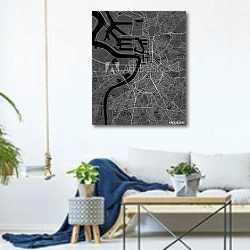 «План города Антверпен, Бельгия, в черном цвете» в интерьере гостиной в скандинавском стиле над диваном
