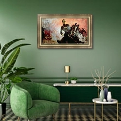 «Albert I King of the Belgians in the First World War, 1914» в интерьере классической гостиной с зеленой стеной над диваном