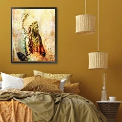 «Американский индеец» в интерьере спальни  в этническом стиле в желтых тонах