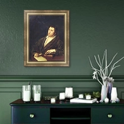 «Портрет баснописца И.А. Крылова. 1812» в интерьере гостиной в зеленых тонах
