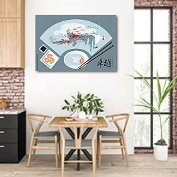 «Креветки, восточная кухня» в интерьере кухни с кирпичными стенами над столом