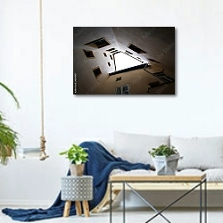 «Дворовый колодец в виде трапеции» в интерьере гостиной в скандинавском стиле над диваном