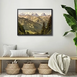 «Швейцария. Бернские Альпы, гора Штансерхорн» в интерьере комнаты в стиле ретро с плетеными корзинами