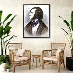 «Robert Browning - portrait of the English poet and playwright, 1835. 7 May 1812 - 12 December 1889.» в интерьере комнаты в стиле ретро с плетеными креслами