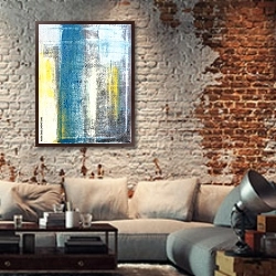 «Бело-жёлто-голубая абстракция» в интерьере гостиной в стиле лофт с кирпичной стеной