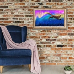 «Лиса и Северное сияние» в интерьере в стиле лофт с кирпичной стеной и синим креслом