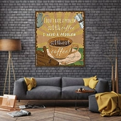 «Чашка кофе, ретро-плакат» в интерьере в стиле лофт над диваном