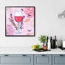 «Бокал с вином и цветами лаванды» в интерьере кухни в голубых тонах
