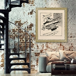 «Suprematist Satellites» в интерьере двухярусной гостиной в стиле лофт с кирпичной стеной