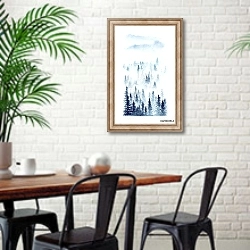 «Акварельный зимний пейзаж леса в тумане» в интерьере столовой в скандинавском стиле с кирпичной стеной