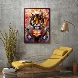 «Портрет тигра на фоне декоративных цветов» в интерьере в стиле лофт с желтым креслом